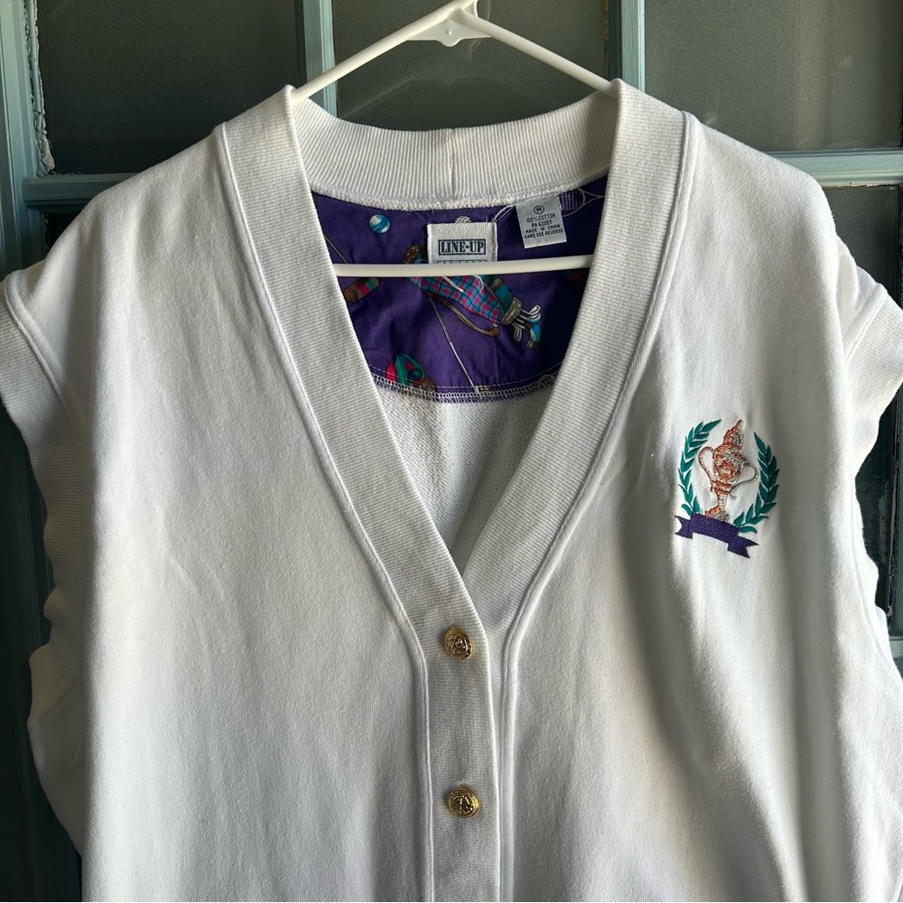 Vintage 80’s 90’s Sleeveless Golf Trophy Cotton Gold Button Up Cardigan White M - Picture 5 of 11
